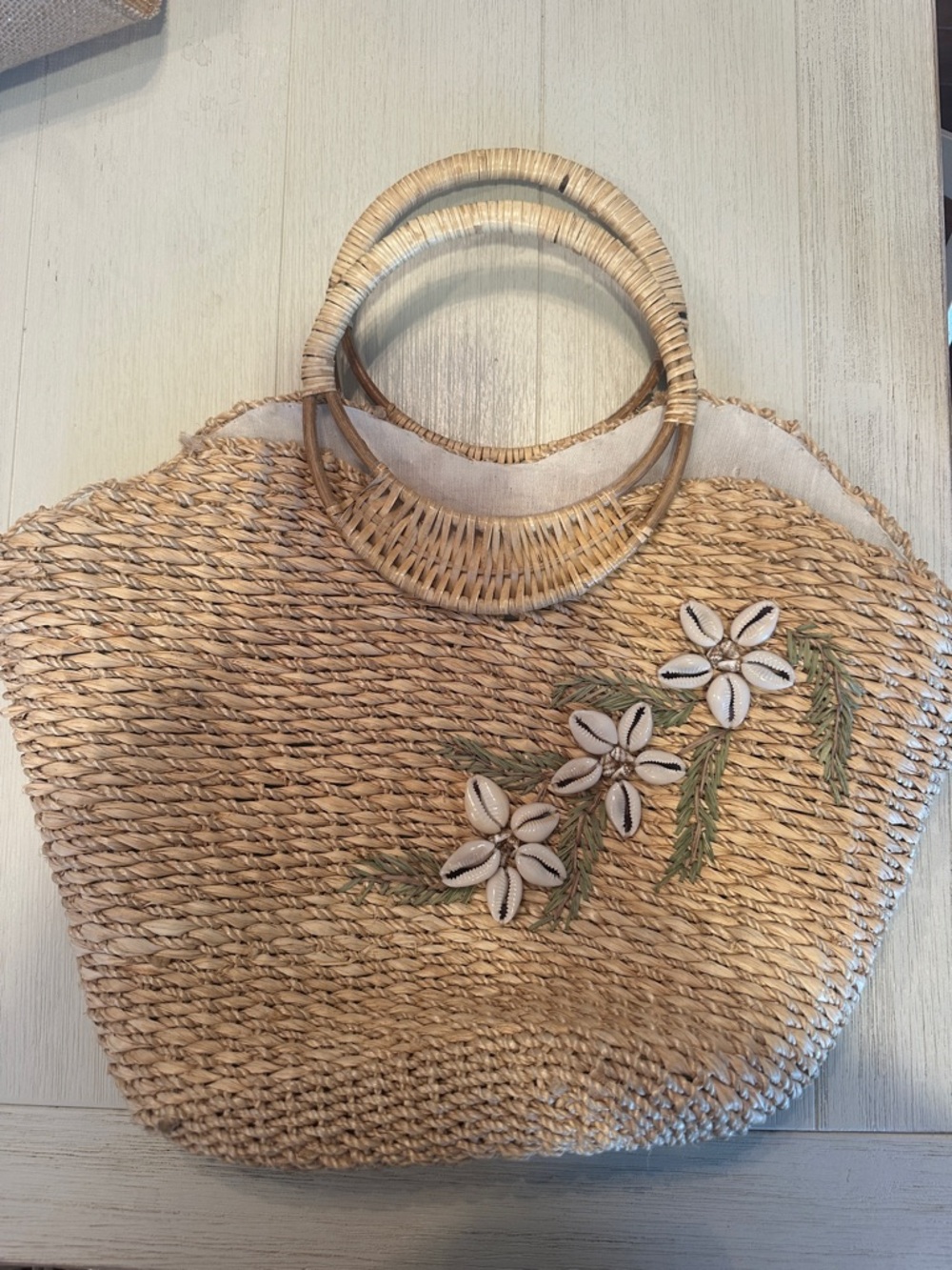Woven Straw Tote Bag with Shell Flower Accent - Natural